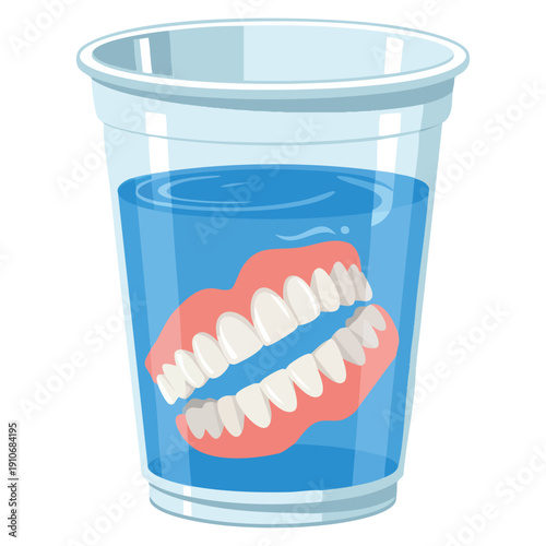 Vector illustration of false teeth in water glass on white background representing dentures dental prosthetic oral care and healthcare themes