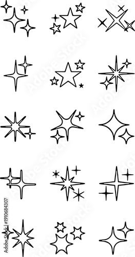 Set of black sparkle icons, line art shining star symbols and twinkle effects vector isolated on white