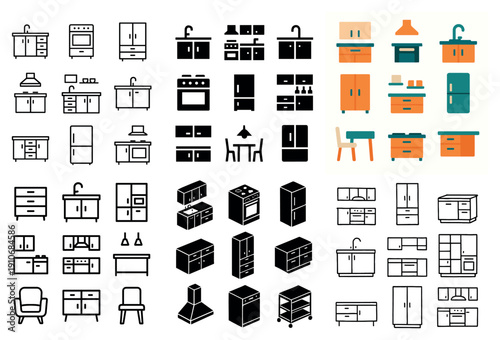 Kitchen furniture and appliances icons set