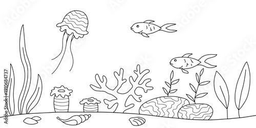 Underwater graphic sea black white sketch illustration vector 