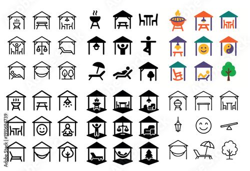 Gazebo and outdoor activities icons set
