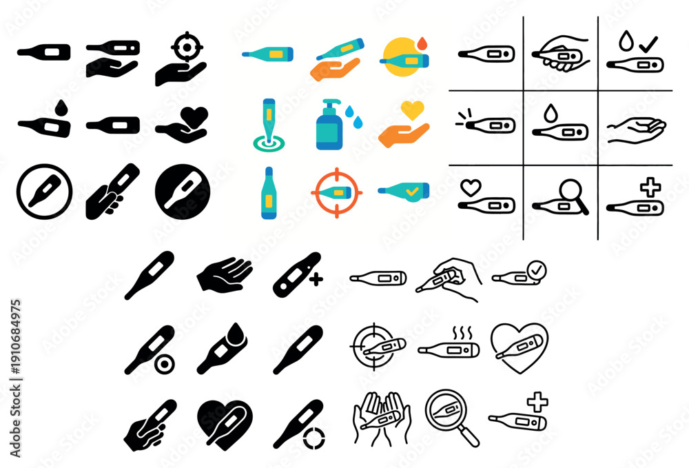 Fototapeta premium Thermometer and hygiene icons collection