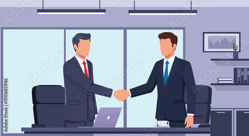 Two businessmen shaking hands in a modern office setting