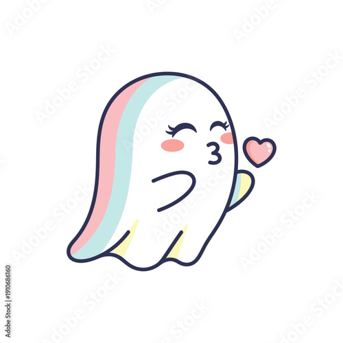 Cute Ghost Character with Heart in Pastel Colors and Simple Line Art for Social Media