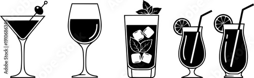 Cocktails set. Alcoholic cocktails icons. Martini cocktail. Set includes martini, mojito, whiskey, wine. Drink glass sign. Icons set for restaurant, pub, bar. Vector illustration