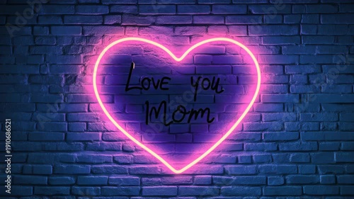 Pink neon heart with love you mom text glowing on brick wall in motion animation