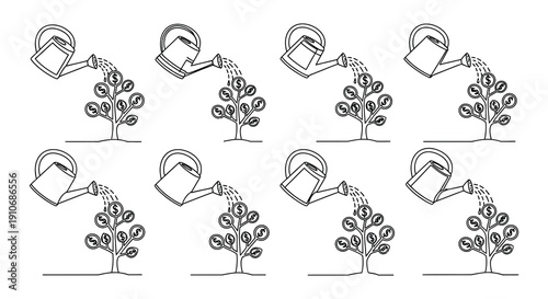 Sequential illustration of a tree being watered with a watering can