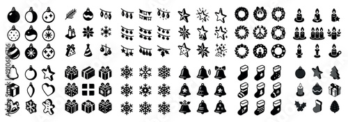 Festive holiday icons collection in black and white