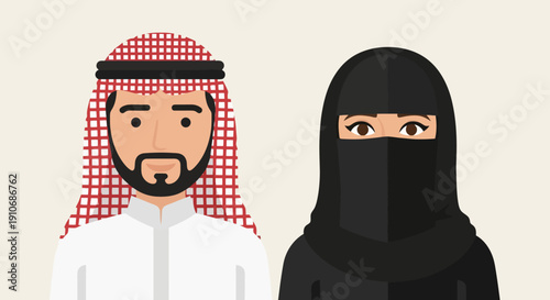 Middle Eastern Man and Woman Wearing Traditional Clothing.