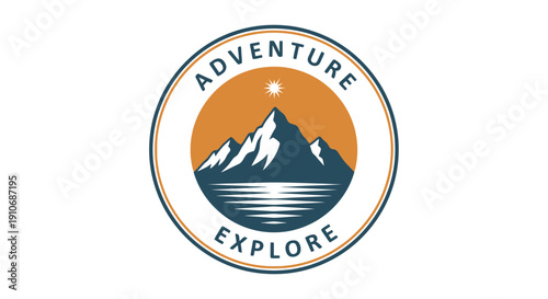 Mountain adventure explore logo with sun and water reflection.