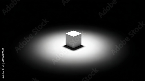A minimalistic white cube is illuminated against a dark background, casting a soft shadow, This image conveys simplicity and can be used for artistic, architectural, or product design themes,