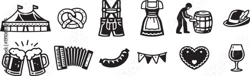 Oktoberfest and Bavarian Beer Festival Icons in Black and White Line Art
