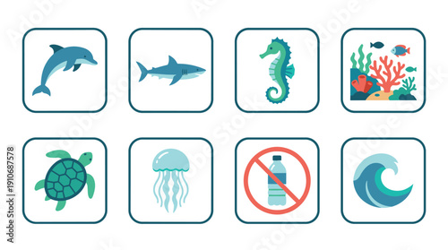 A collection of eight square icons featuring various marine animals like dolphins, sharks, seahorses, turtles, and jellyfish, alongside coral reefs, ocean waves, and a symbol for no plastic pollution.