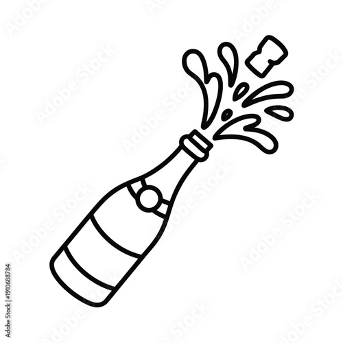 A simple line drawing depicts a champagne bottle popping its cork