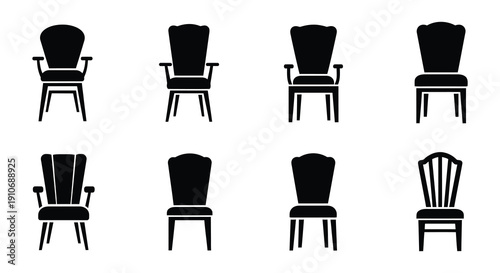 Black silhouette icons depicting various styles of chairs and seating