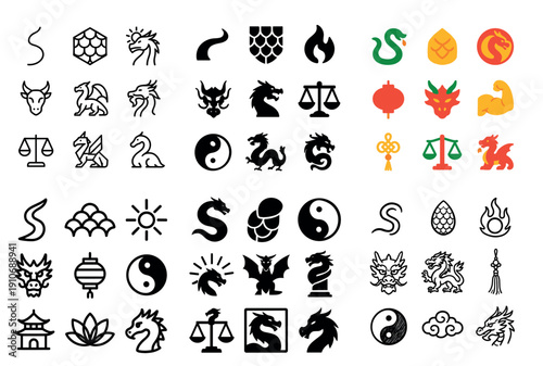 Variety of dragon and zodiac sign icons