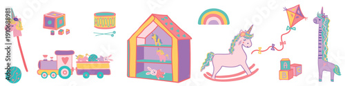 Cute kids toy set with unicorns, dollhouse, rocking horse, train and rainbow. Magic nursery vector illustrations for baby shower, birthday and playroom decor