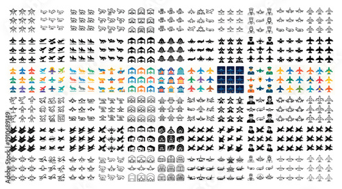 Airplane and building icon set collection