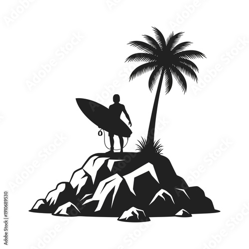 Silhouetted surfer standing with surfboard near a palm tree