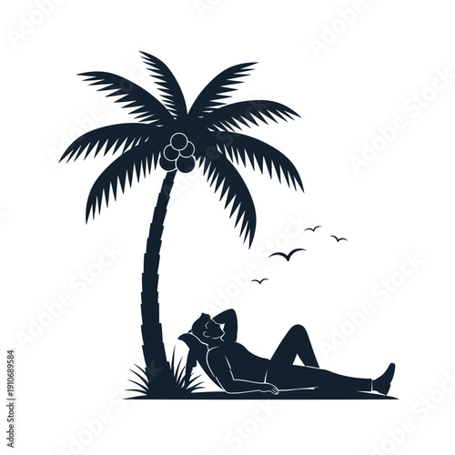 A person relaxes in a hammock under a palm tree enjoying the tropical scene