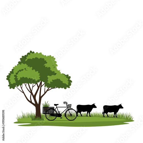 A peaceful countryside scene with a tree bicycle and grazing cows