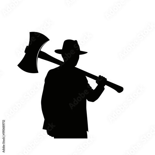 Silhouette of a lumberjack carrying an axe over his shoulder