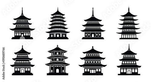 Black and white illustration of nine traditional asian pagodas