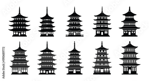 Black and white illustration of nine traditional asian pagodas
