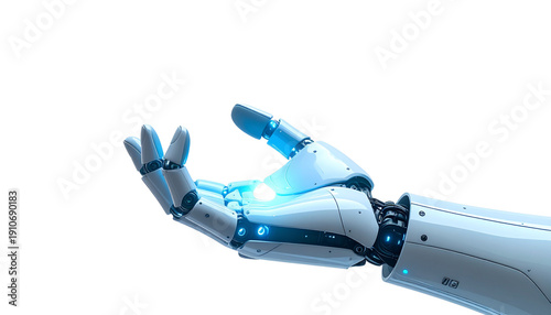 Futuristic robot hand isolated on transparent background, high-quality PNG showing advanced metallic design, perfect for AI, robotics, technology, and innovation concepts.