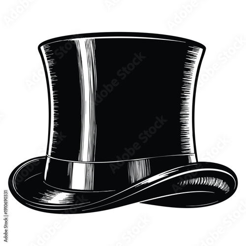 Vintage gentleman top hat illustration in sketch ink style with silhouette drawing black on white line art etching design