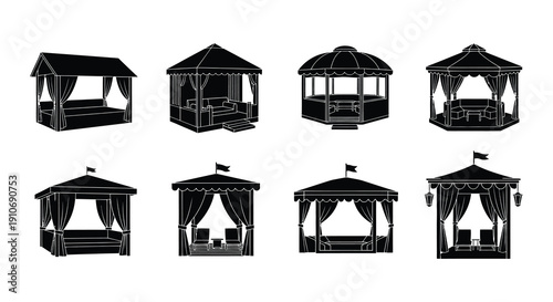 Collection of black silhouette garden gazebos and decorative outdoor structures