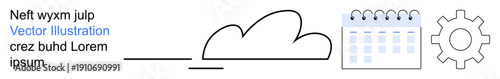 Cloud computing, technology planning, data organization, task management, process automation, workflow integration. Icon set of a cloud, calendar and gear. Cloud computing and technology planning