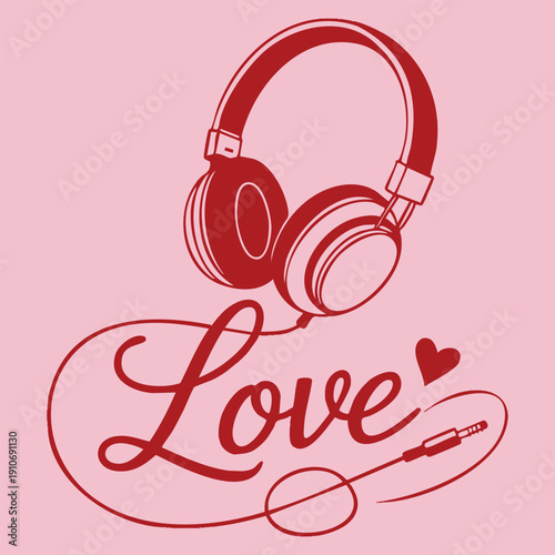 White headphones with cord dash line love card vector illustration representing music romance emotion connection and modern lifestyle concept
