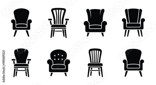Black silhouette icons depicting various styles of chairs and seating