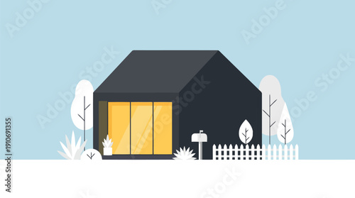Winter cartoon illustration of a snow-covered house with bright yellow door, mailbox, picket fence, bare trees under pale blue sky – 5.eps