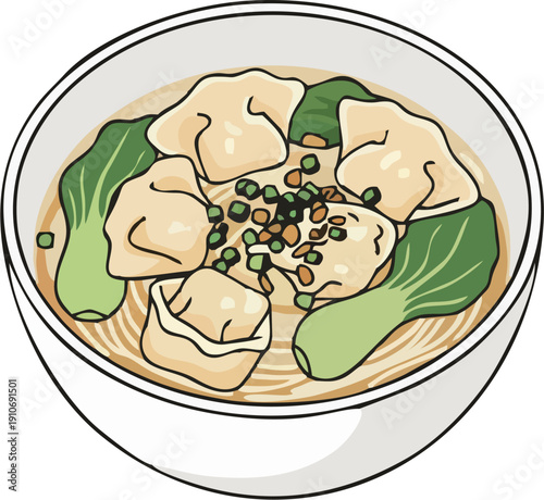 Chinese Wonton Dumpling Soup with Bok Choy and Scallions - Minimalist Line Art Food Illustration Vector