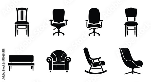 Black silhouette icons depicting various styles of chairs and seating