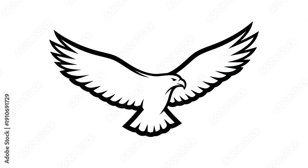 Fototapeta premium Stylized black and white outline drawing of an eagle with wings spread wide, soaring gracefully.