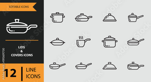 Lids and Covers Icons outline icon set.Kitchen lid and cover outline icons