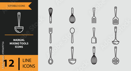 Manual Mixing Tools Icons outline icon set.Hand whisk and spatula outline icons