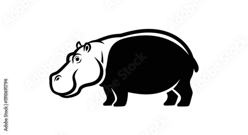 Stylized black and white illustration of a hippopotamus standing, facing left with a friendly expression.