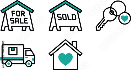 Top‑down view of simple monochrome real estate icons showing house for sale, sold sign, key, moving truck and heart‑filled home