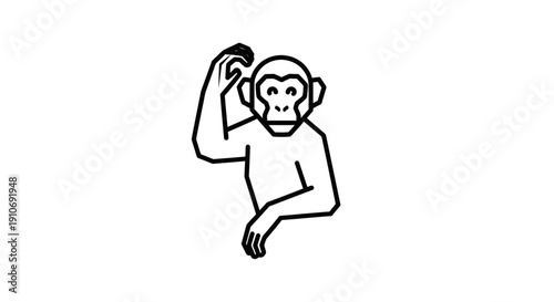 A simple line drawing of a monkey scratching its head on a white background, depicting thought or confusion.