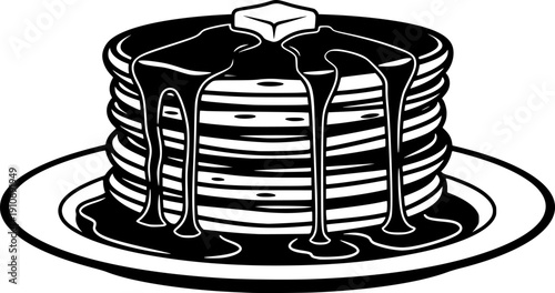 Stack of pancakes with syrup and butter on plate for sweet breakfast and homemade morning treat – Black and White Vector Illustration