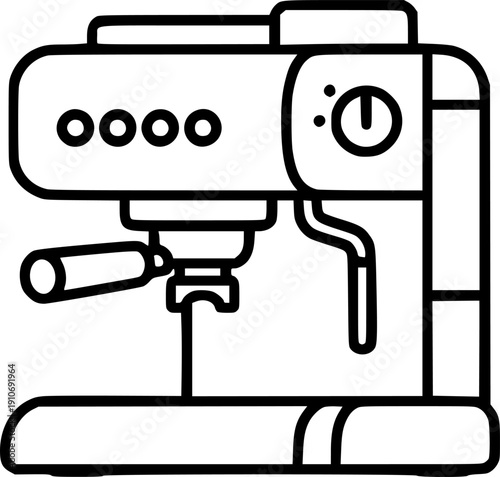 Espresso machine brewing hot coffee into cup for morning breakfast and caffeine energy – Black and White Vector Illustration