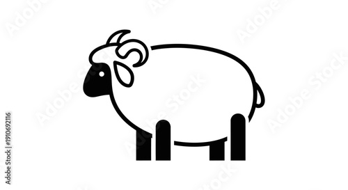 A simple black and white line art illustration of a sheep with curly horns and a rounded body.