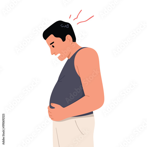 Young man worried about belly fat flat vector illustration isolated on white background representing body concern fitness health and lifestyle awareness concept