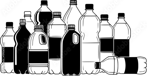 Plastic bottle collection for water beverage and recyclable container group for environment and waste concept – Black and White Vector Illustration
