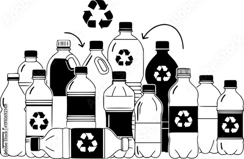 Plastic bottle collection for water beverage and recyclable container group for environment and waste concept – Black and White Vector Illustration