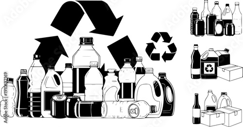 Plastic bottle collection for water beverage and recyclable container group for environment and waste concept – Black and White Vector Illustration